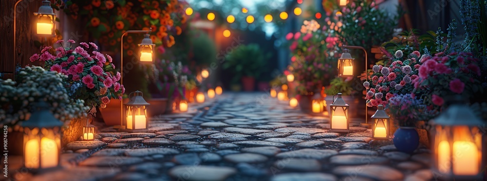 Cobblestone Pathway with Lanterns and Flowers Cobblestone Pathway with Lanterns and Flowers