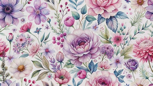 Delicate pink and purple flowers dance across a soft white background in a whimsical, dreamy, and intricately detailed seamless watercolor floral pattern.