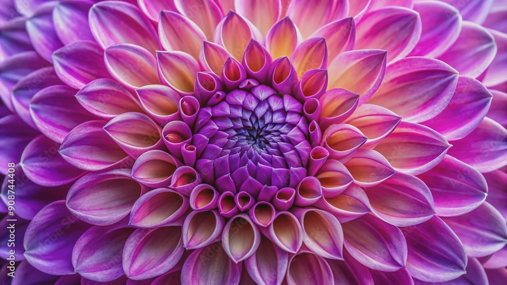 Vibrant purple and pink dahlia flower blooms in mesmerizing macro, swirling patterns and delicate textures creating a stunning abstract natural background of intricate beauty.