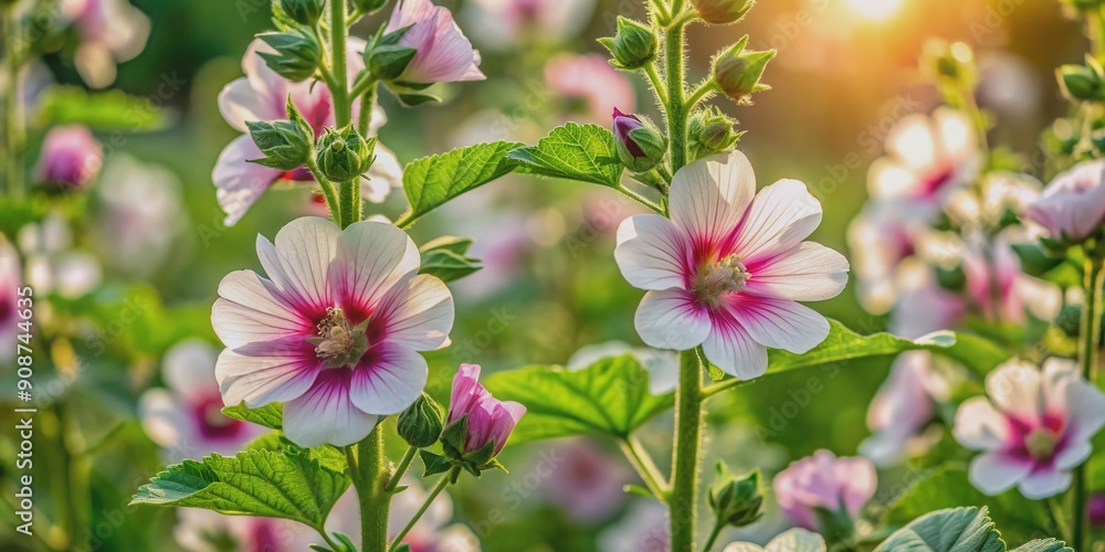 The mallow plant, pink and white flowers, Marshmallow leaves and flowers, Medicine plant wallpaper, pink and white flowers, Marshmallow flower in garden. Althaea officinalis.. The mallow plant, pink and white flowers, Marshmallow leaves and flowers, Medicine plant wallpaper, pink and white flowers, Marshmallow flower in garden. Althaea officinalis..