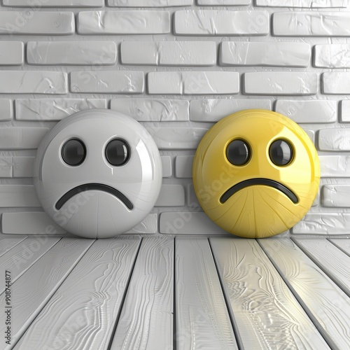 3D rendering illustration of two sad emoticons placed on a shabby wooden table against a brick wall background, depicting a bad mood concept with negative emotions. Ample space for text placement.