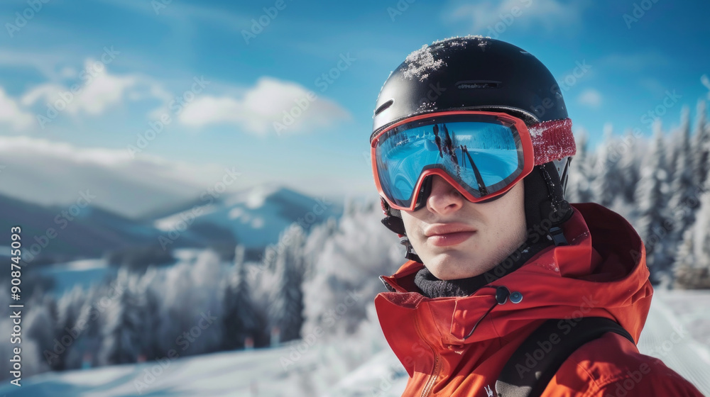 A man in a red jacket and goggles is standing on a snowy mountain A man in a red jacket and goggles is standing on a snowy mountain
