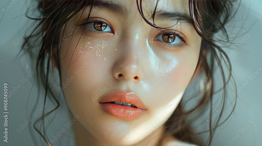 Elegant Asian Model in Gray Attire, Stunning Facial Features, Smooth Skin Texture, Captivating Bright Eyes, Full Body Presentation, Stylish and Chic Outfit Elegant Asian Model in Gray Attire, Stunning Facial Features, Smooth Skin Texture, Captivating Bright Eyes, Full Body Presentation, Stylish and Chic Outfit