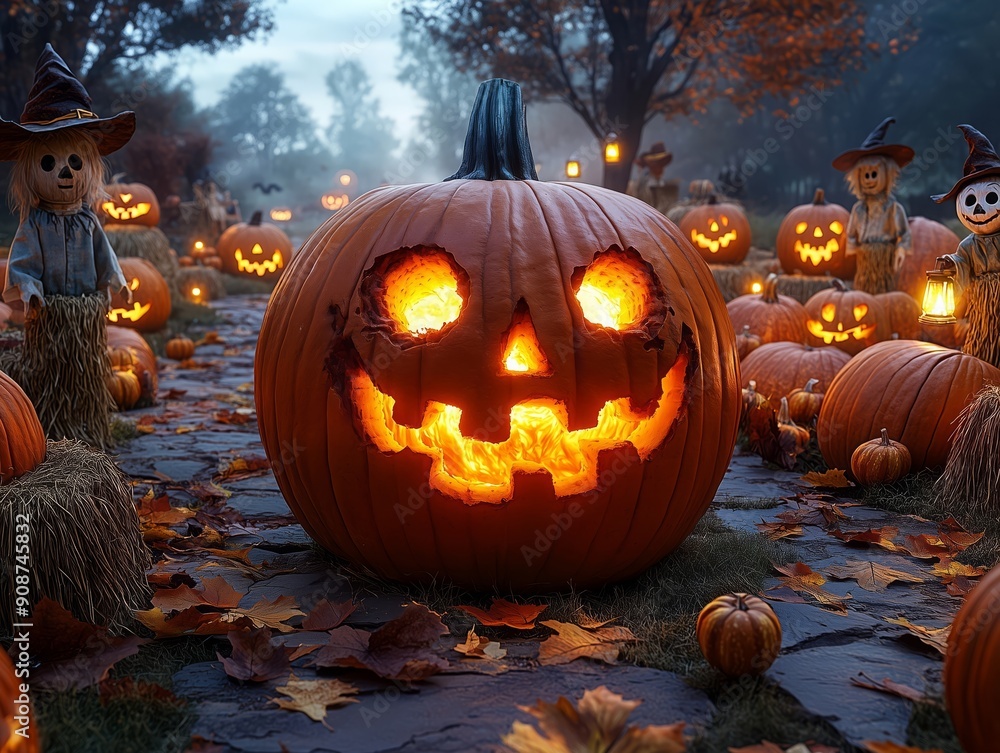 Halloween-themed enchanted pumpkin patch illuminated pumpkins scarecrows autumn ambiance Halloween-themed enchanted pumpkin patch illuminated pumpkins scarecrows autumn ambiance