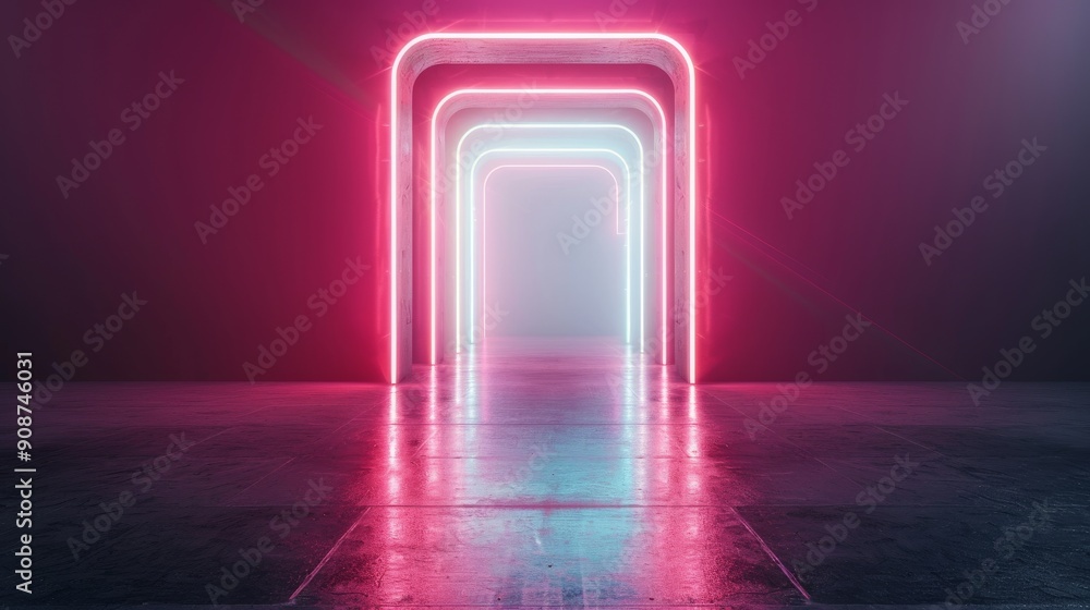 A futuristic scene featuring glowing neon arches in a dimly lit environment, creating an atmospheric and surreal ambiance. A futuristic scene featuring glowing neon arches in a dimly lit environment, creating an atmospheric and surreal ambiance.