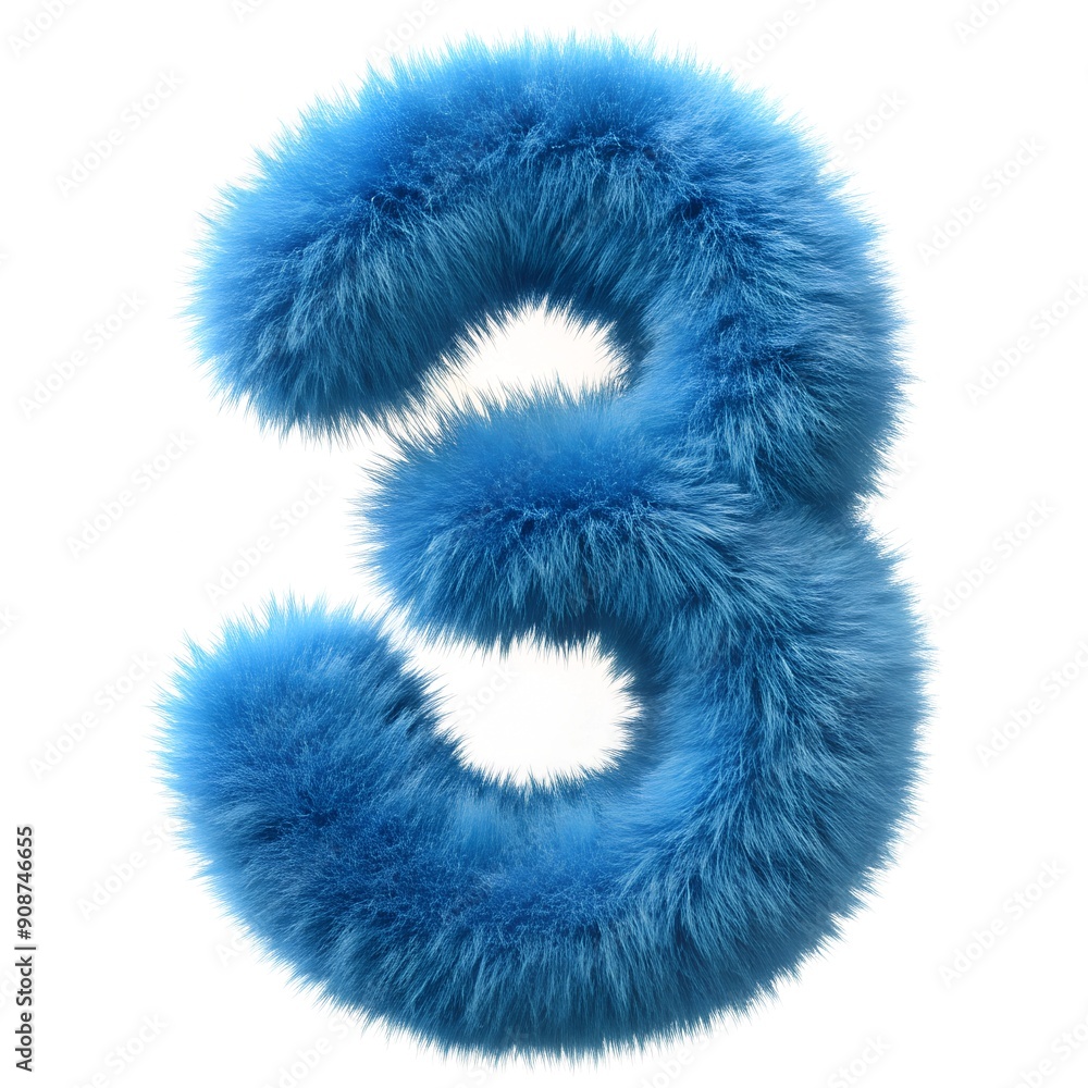 Fluffy blue number 3, soft and fluffy texture, isolated on white background fluffy Fluffy blue number 3, soft and fluffy texture, isolated on white background fluffy