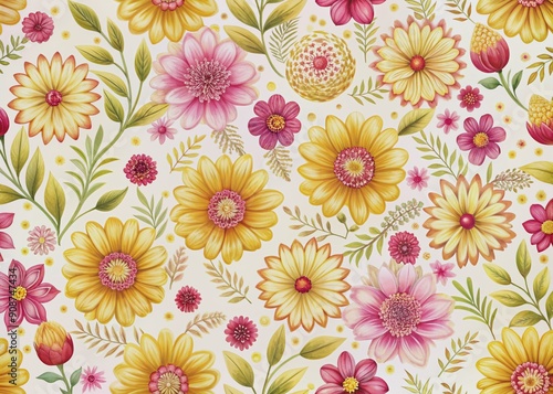 Vibrant yellow and pink flowers bloom in a repeating pattern, set against a soft white background, with delicate petals and intricate details.