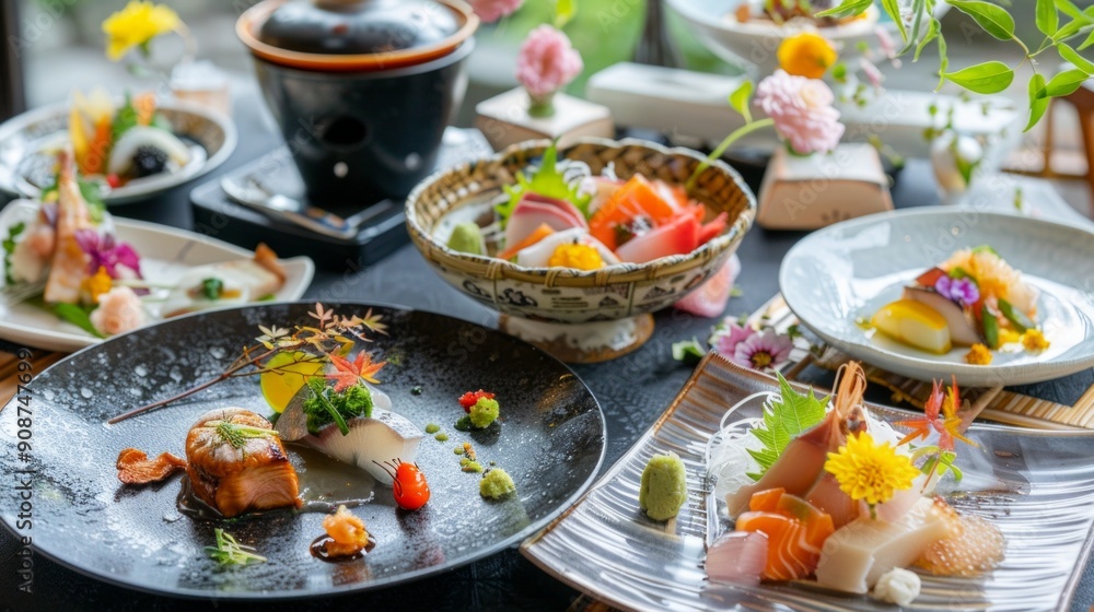 Fototapeta premium An elegant kaiseki meal served in a traditional Japanese inn, with multiple courses including seasonal appetizers, sashimi, grilled dishes, and a delicate dessert.