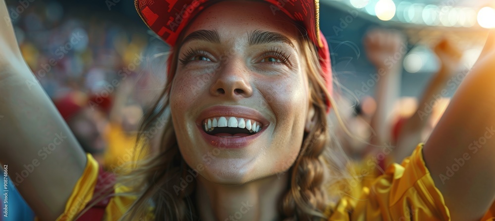Happy Football Fan Woman on Stadium Happy Football Fan Woman on Stadium