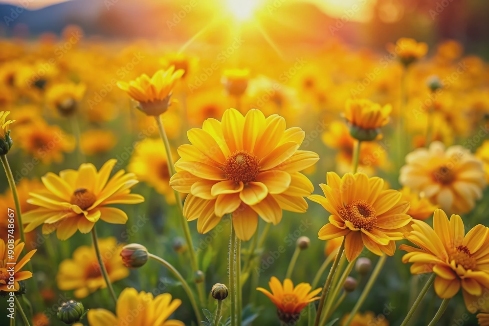 Vibrant yellow flowers with delicate petals and golden centers bloom in a lush field, filling the frame with warm, sunny colors and soft focus. Vibrant yellow flowers with delicate petals and golden centers bloom in a lush field, filling the frame with warm, sunny colors and soft focus.