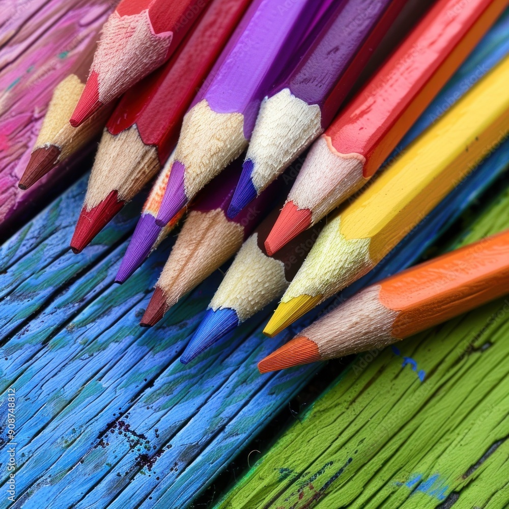 Fototapeta premium Vivid collection of colored pencils on textured background