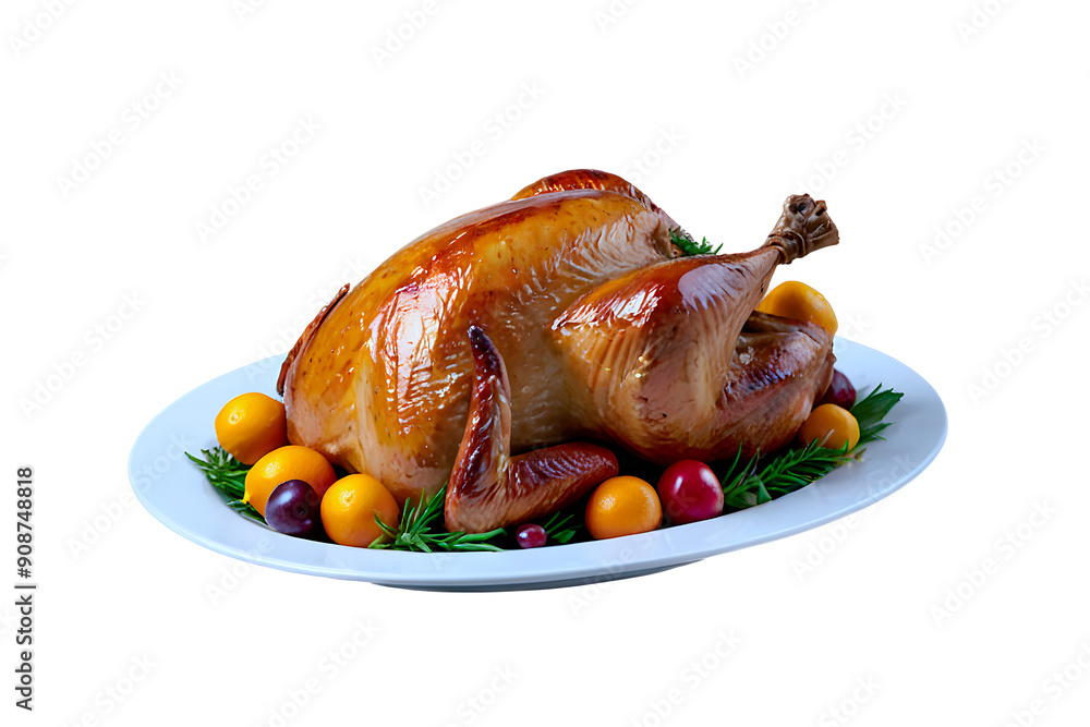 Delicious roasted turkey, thanksgiving food, easter cuisine, meat on the plate isolated on transparent background