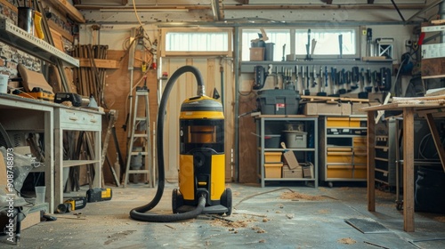 An innovative wet/dry vacuum cleaner in a bustling workshop, capable of handling both liquid spills and dust. 