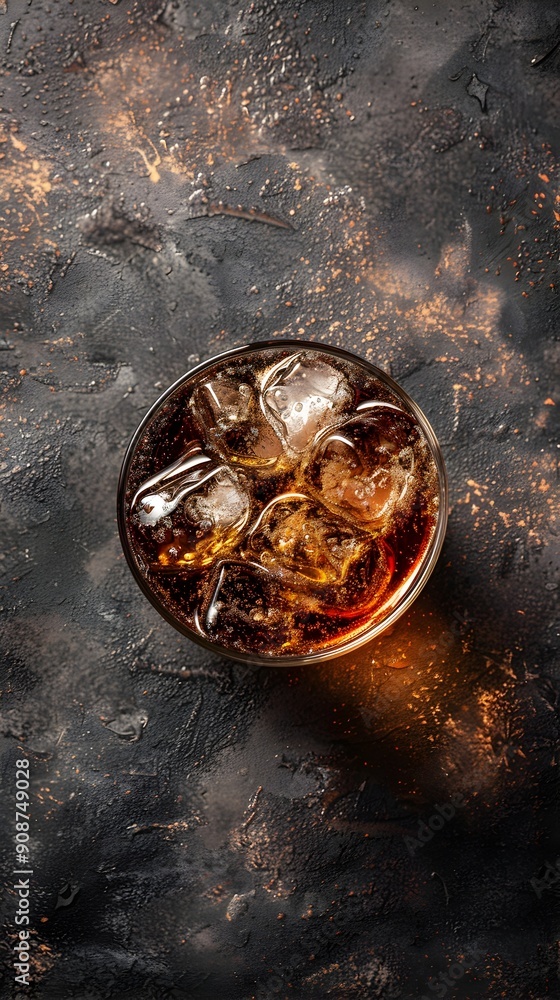 Overhead View of Chilled Beverage with Ice Cubes on Dark Surface Overhead View of Chilled Beverage with Ice Cubes on Dark Surface