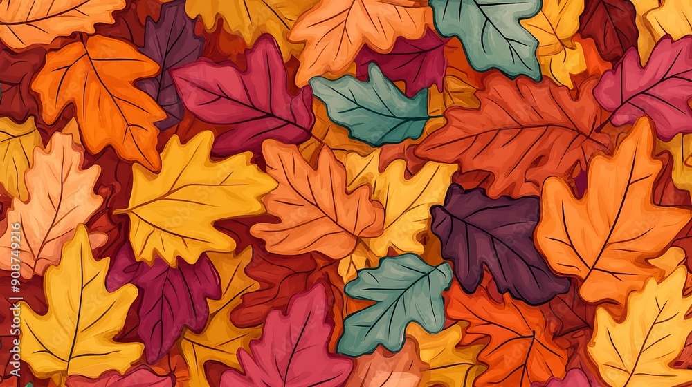 Colorful autumn leaves are drawn in a simple cartoon style. They are repeating infinitely on a background of autumn colors. Colorful autumn leaves are drawn in a simple cartoon style. They are repeating infinitely on a background of autumn colors.