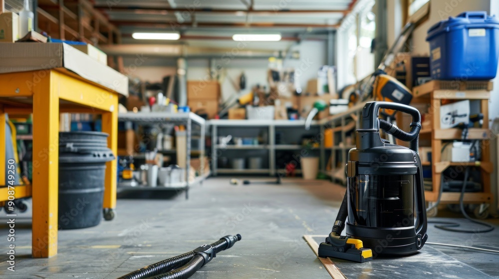 Fototapeta premium An innovative wet/dry vacuum cleaner in a bustling workshop, capable of handling both liquid spills and dust.