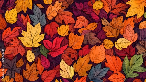 Colorful autumn leaves are drawn in a simple cartoon style. They are repeating infinitely on a background of autumn colors.