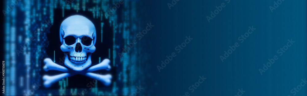 Dark cyber-aesthetic: Skull with crossed bones against a mysterious code, empty space on the right. Perfect for cybersecurity banner Dark cyber-aesthetic: Skull with crossed bones against a mysterious code, empty space on the right. Perfect for cybersecurity banner