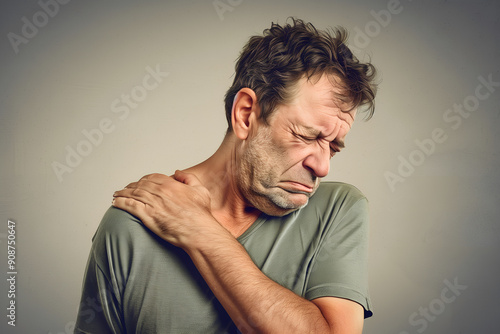 A European man clutching his shoulder as if experiencing discomfort or shoulder pain