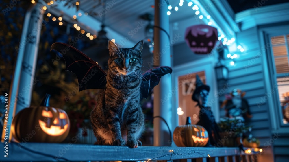 Whimsical Cat Dressed in Bat Wings on a Spooky Halloween Night Whimsical Cat Dressed in Bat Wings on a Spooky Halloween Night