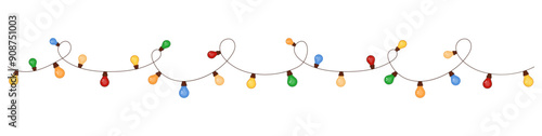 Colourful New Years lighting equipment cord of lights. Christmas design element. Vector illustration festoon. Multicolored light bulbs.