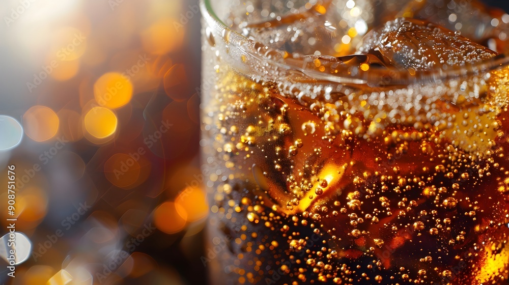 Mesmerizing Fizz and Glow of Refreshing Amber Soda Pouring Into a Transparent Glass Mesmerizing Fizz and Glow of Refreshing Amber Soda Pouring Into a Transparent Glass