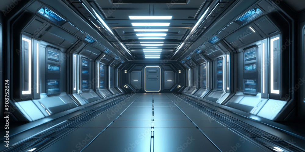 Naklejka premium Futuristic Sci-Fi corridor with lighting, featuring sleek metallic walls and advanced technology.