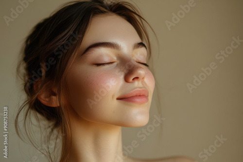 A close up of a girl's face with her eyes closed