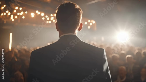 Man makes an outdoor speech in front of a crowd of political party members