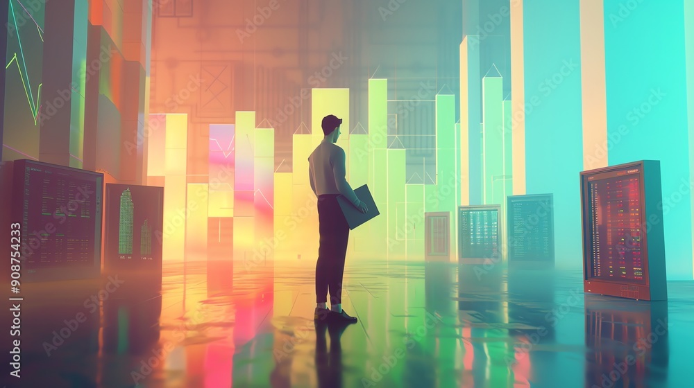 A man stands in an abstract, futuristic space, surrounded by data and graphs. A man stands in an abstract, futuristic space, surrounded by data and graphs.