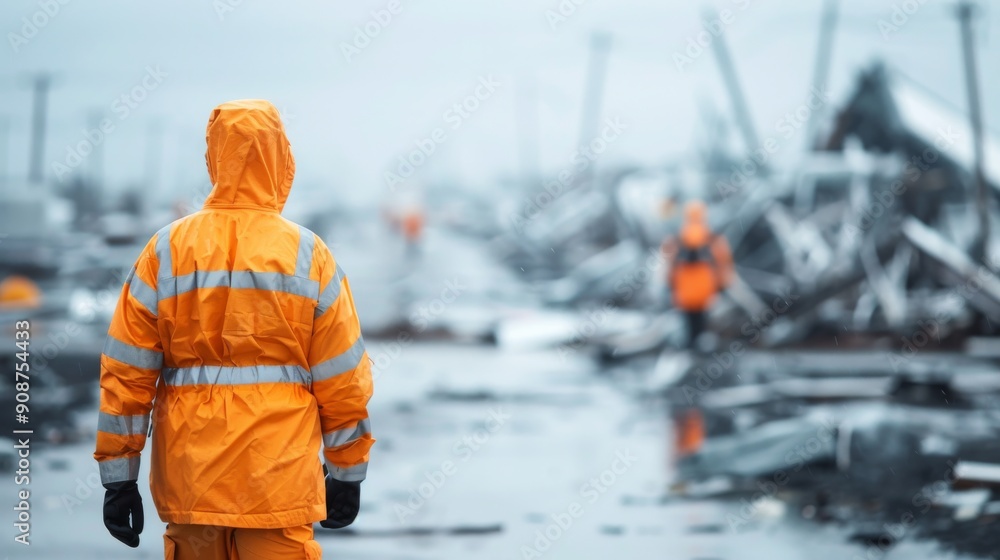 A rescue worker in a bright orange jacket surveys a disaster site, assessing the destruction and coordinating recovery efforts. A rescue worker in a bright orange jacket surveys a disaster site, assessing the destruction and coordinating recovery efforts.