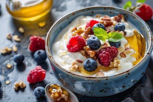 Bowl of Greek yogurt topped with honey, nuts, and fresh berries, a protein-rich and nutritious dessert option.