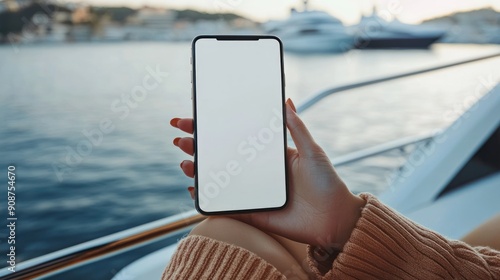 woman sitting on yacht holding mobile phone