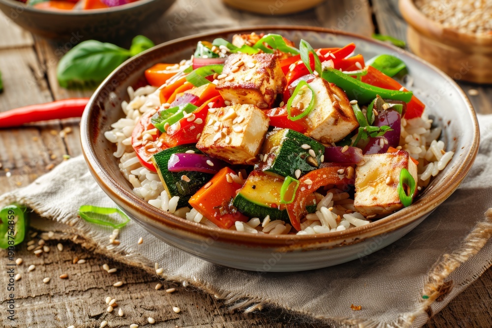 Colorful vegetable stir-fry with tofu, served over brown rice, promoting a balanced and nutritious meal. Colorful vegetable stir-fry with tofu, served over brown rice, promoting a balanced and nutritious meal.