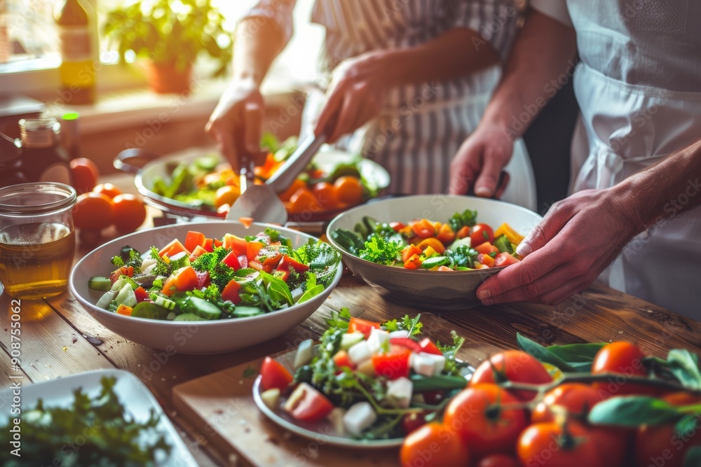 Couple preparing a colorful salad together in the kitchen, promoting nutritious eating habits and teamwork. Couple preparing a colorful salad together in the kitchen, promoting nutritious eating habits and teamwork.