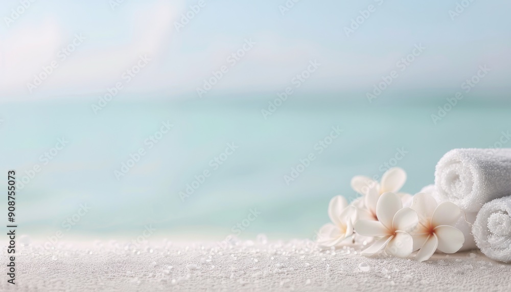 A serene beach scene featuring rolled towels and delicate flowers, perfect for relaxation and wellness themes. A serene beach scene featuring rolled towels and delicate flowers, perfect for relaxation and wellness themes.