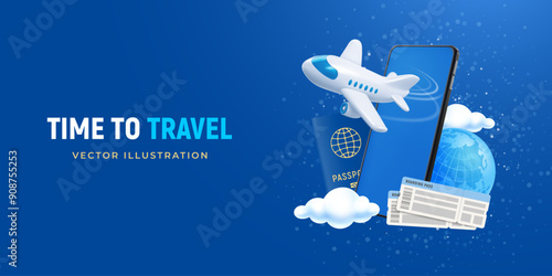 Time to travel, booking online, conceptual banner template with 3d realistic white flying plane, smartphone, globe, passport and air tickets on blue background, place for text. Vector illustration