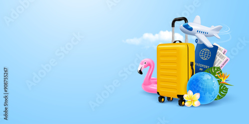 Time to travel conceptual banner template with 3d realistic white flying plane, yellow suitcase, globe, passport, other objects on travel theme on blue background, place for text. Vector illustration