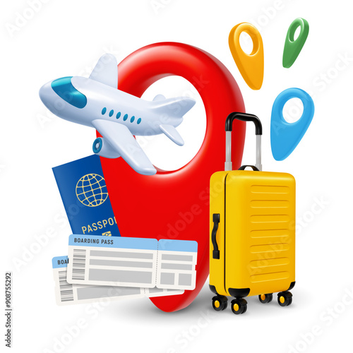 Time to travel conceptual banner template with 3d realistic white plane, flies out of large red location pin, yellow travel suitcase, passport and air tickets. Vector illustration
