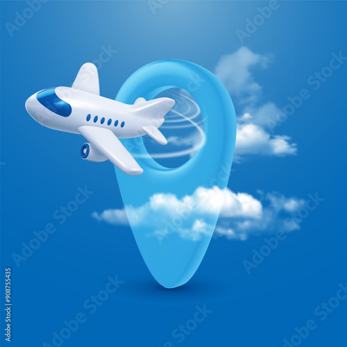 Time to travel conceptual banner template with 3d realistic white plane, flying around large location pin on blue sky background with clouds. Cartoon minimal style. Vector illustration