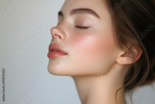 A close up of a girl's face with her eyes closed