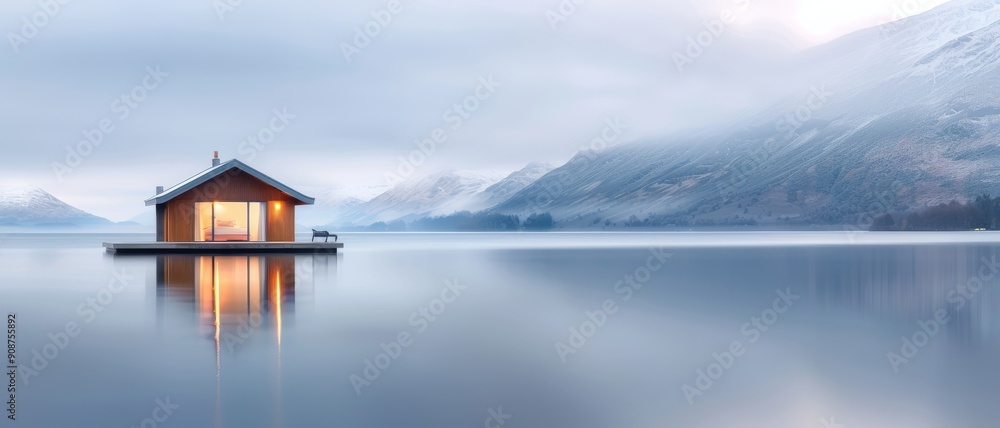 A serene lakeside cabin reflects the tranquility of nature amidst misty mountains and calm water. A serene lakeside cabin reflects the tranquility of nature amidst misty mountains and calm water.