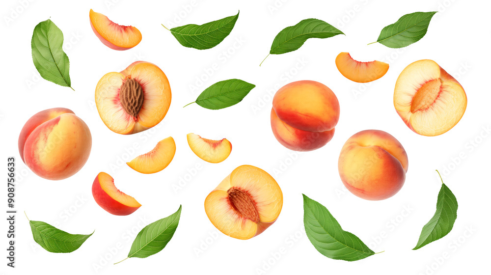 set of peach fruit with half slice and green leaves isolated on transparent white background, clipping path set of peach fruit with half slice and green leaves isolated on transparent white background, clipping path