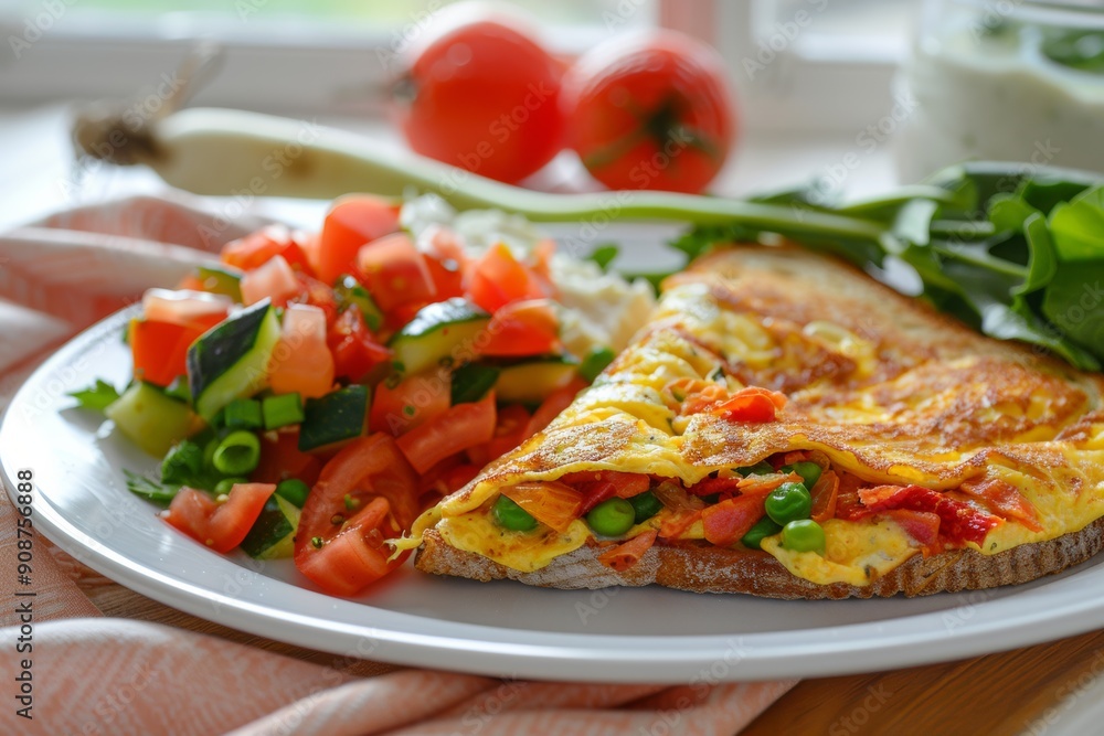 Veggie-packed omelette served with whole grain toast, a nutritious and filling breakfast choice. Veggie-packed omelette served with whole grain toast, a nutritious and filling breakfast choice.