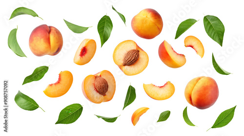 set of peach fruit with half slice and green leaves isolated on transparent white background, clipping path