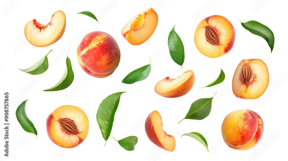 set of peach fruit with half slice and green leaves isolated on transparent white background, clipping path set of peach fruit with half slice and green leaves isolated on transparent white background, clipping path