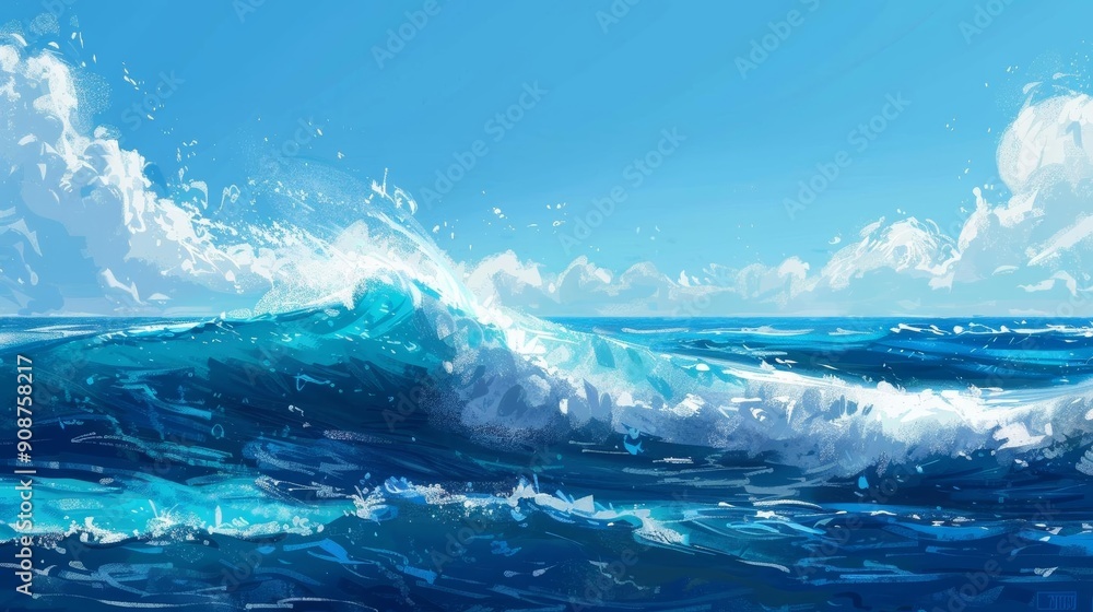 Obraz premium A serene ocean wave captured under a clear blue sky, showcasing the beauty of nature's elements and tranquil waters.