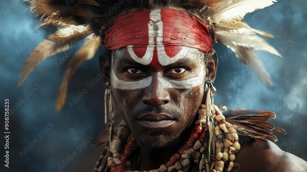 A fierce tribal warrior showcases traditional attire and body paint, embodying cultural heritage and strength at sunset A fierce tribal warrior showcases traditional attire and body paint, embodying cultural heritage and strength at sunset