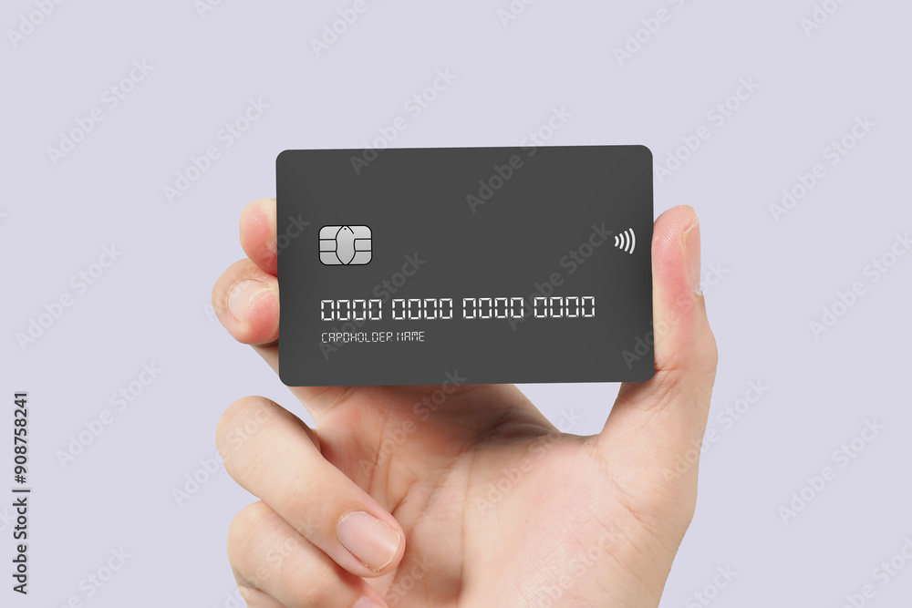 Hand showing credit card, or card, or business card or voucher, isolated on white background, template, mock-up Hand showing credit card, or card, or business card or voucher, isolated on white background, template, mock-up