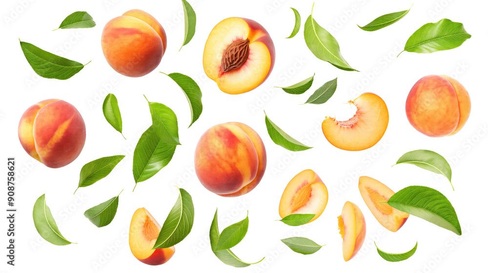 set of peach fruit with half slice and green leaves isolated on transparent white background, clipping path set of peach fruit with half slice and green leaves isolated on transparent white background, clipping path
